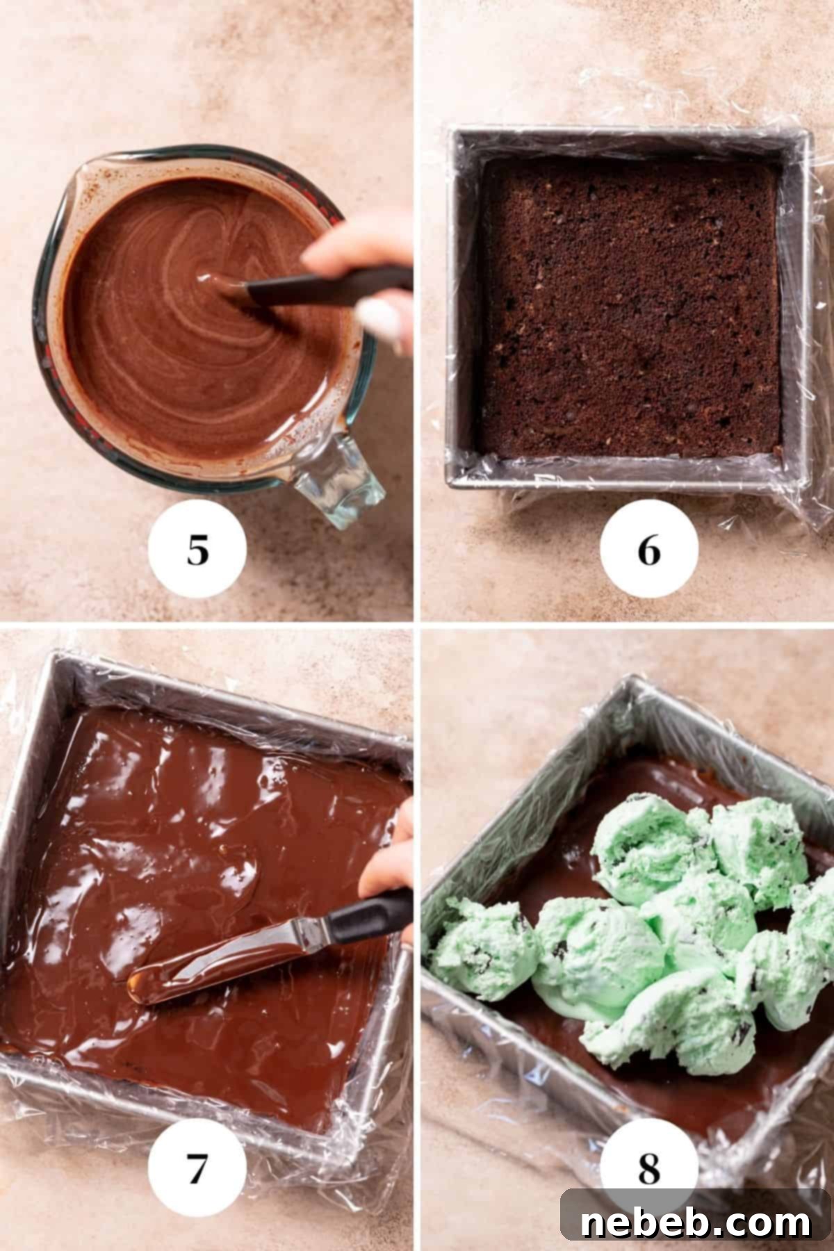 A process collage detailing the layering of the ice cream cake: placing the first cake layer, pouring ganache, and spreading mint ice cream.