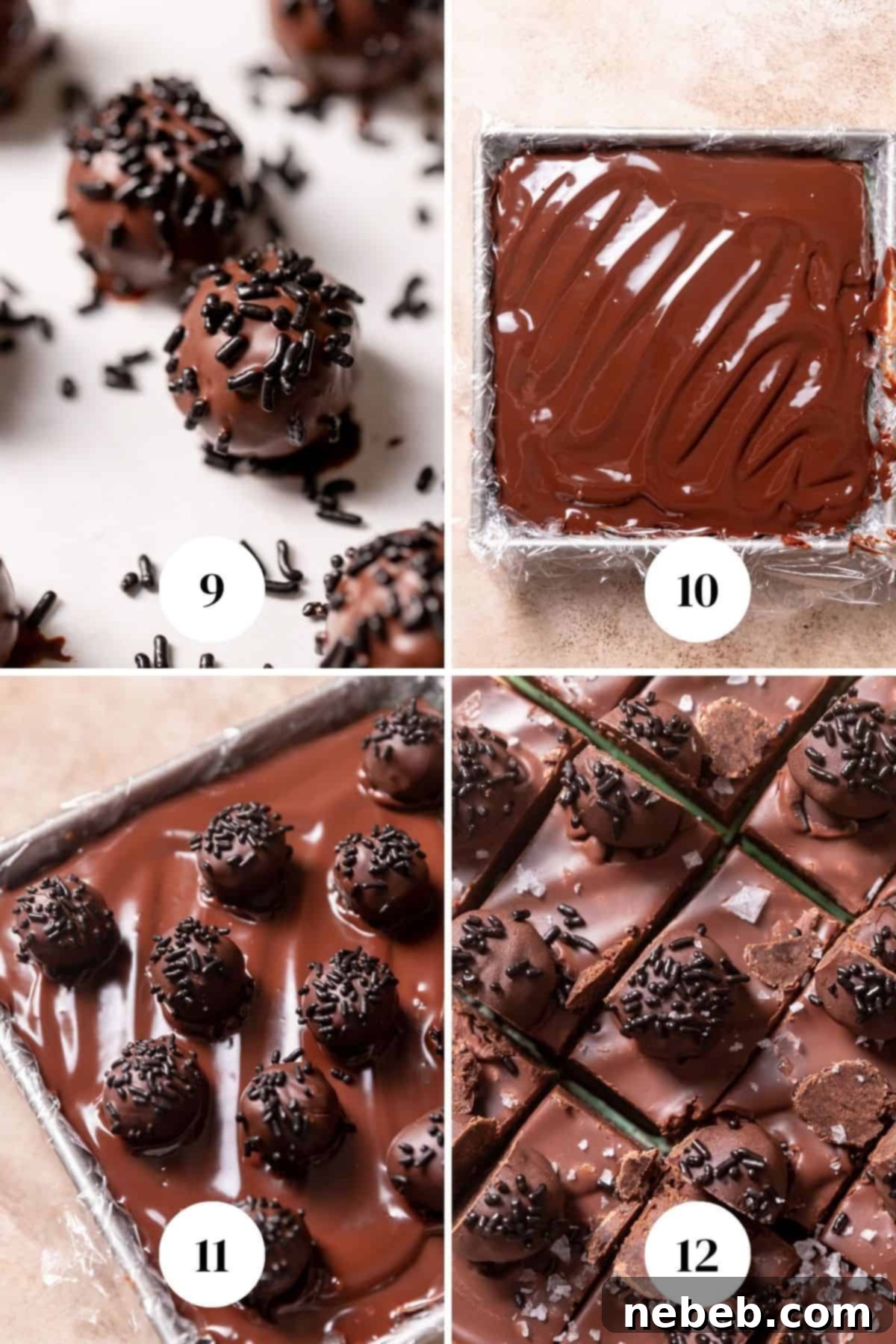 A process collage showing the final steps of making the ice cream cake: adding the second cake layer, spreading the remaining ganache, and decorating with truffles.