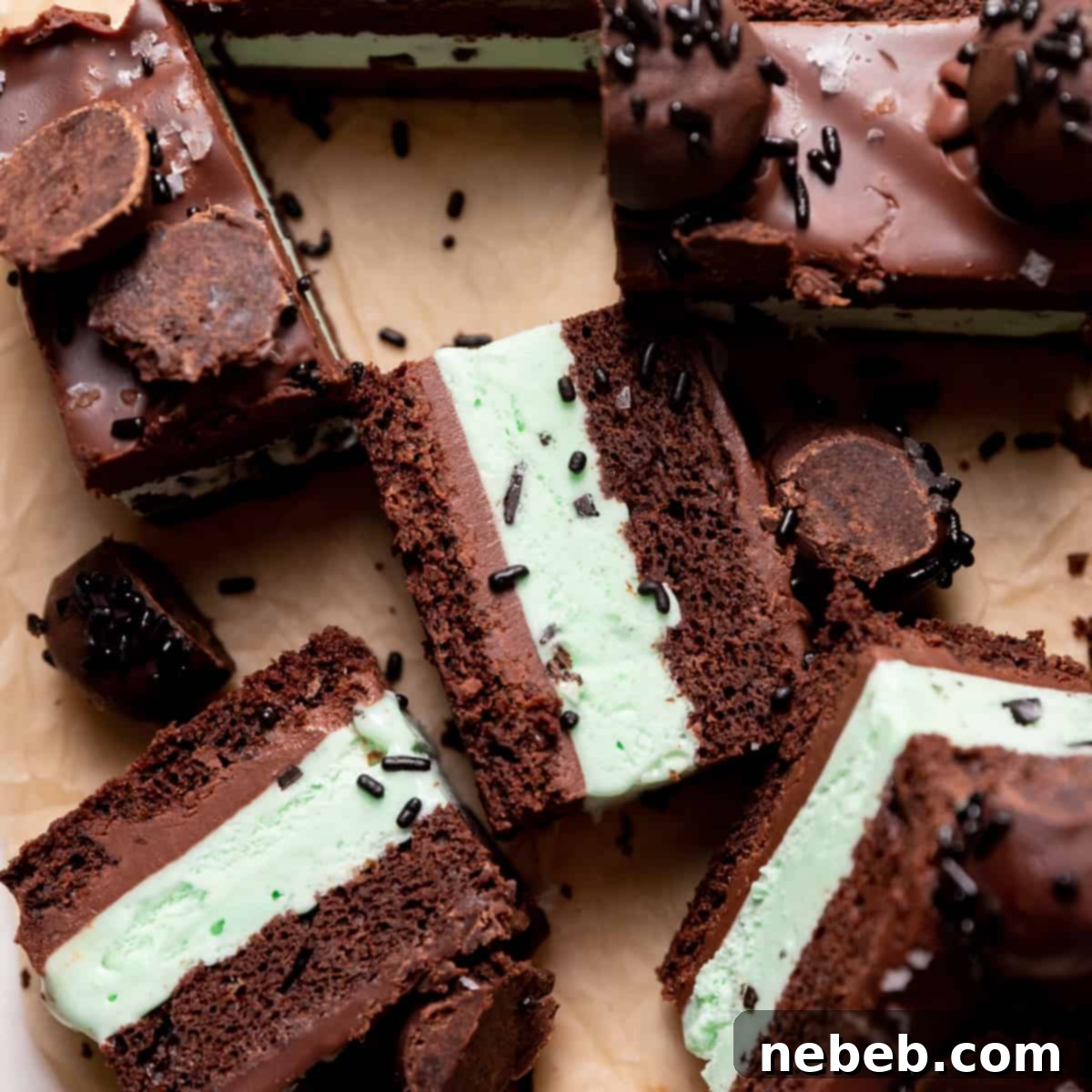 Slices of refreshing mint chocolate chip ice cream cake on parchment paper, featuring smooth layers.