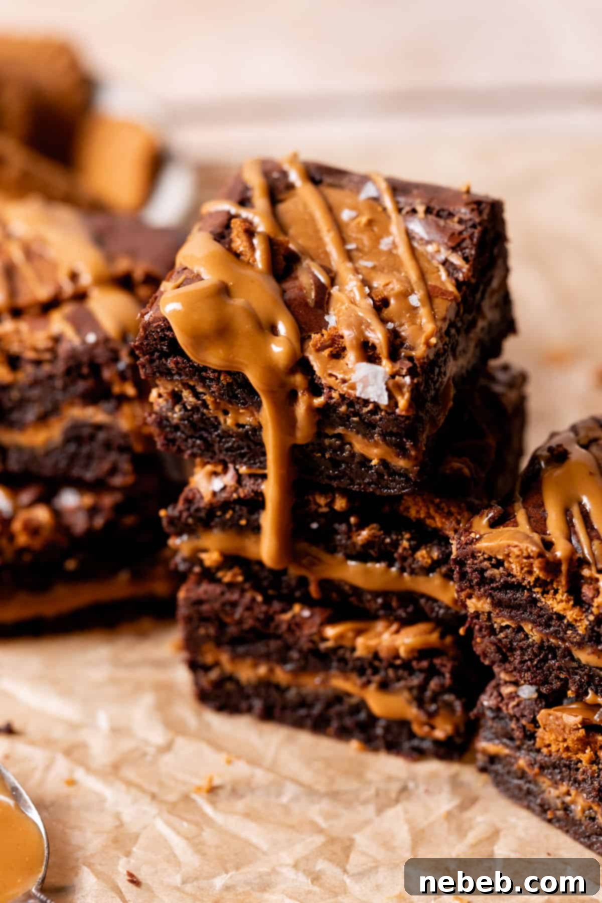 Three perfectly stacked fudgy Biscoff brownies, showcasing the gooey cookie butter layer.