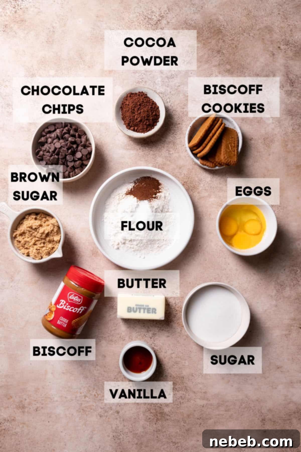 Collection of key ingredients laid out for making delicious cookie butter brownies.