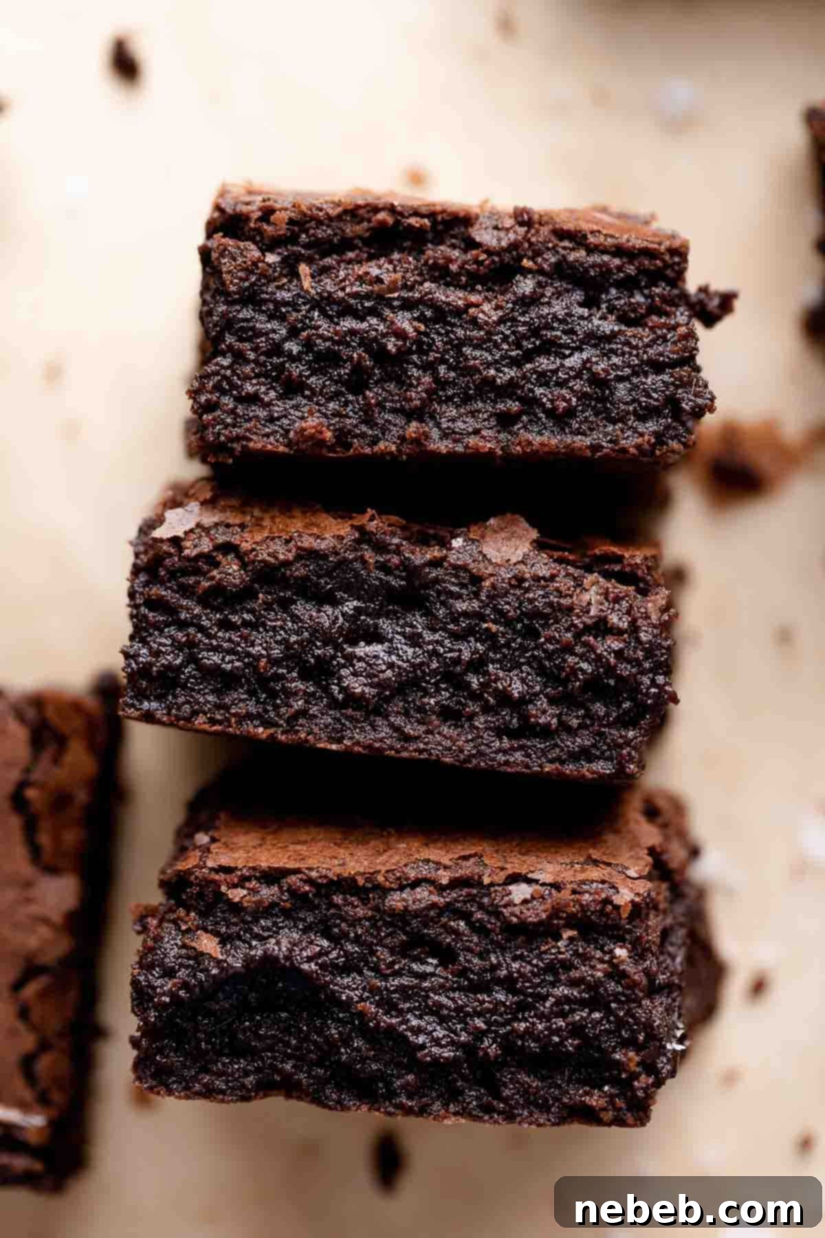 Three espresso brownies stacked on each other, showcasing their fudgy texture.