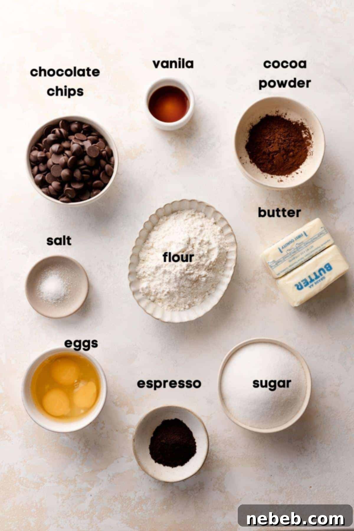 Ingredients needed to make the coffee brownies, laid out on a surface.