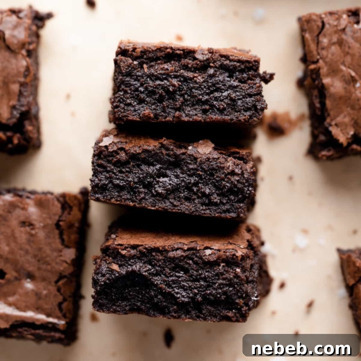 Three espresso brownies stacked to show their fudgy texture and shiny top.