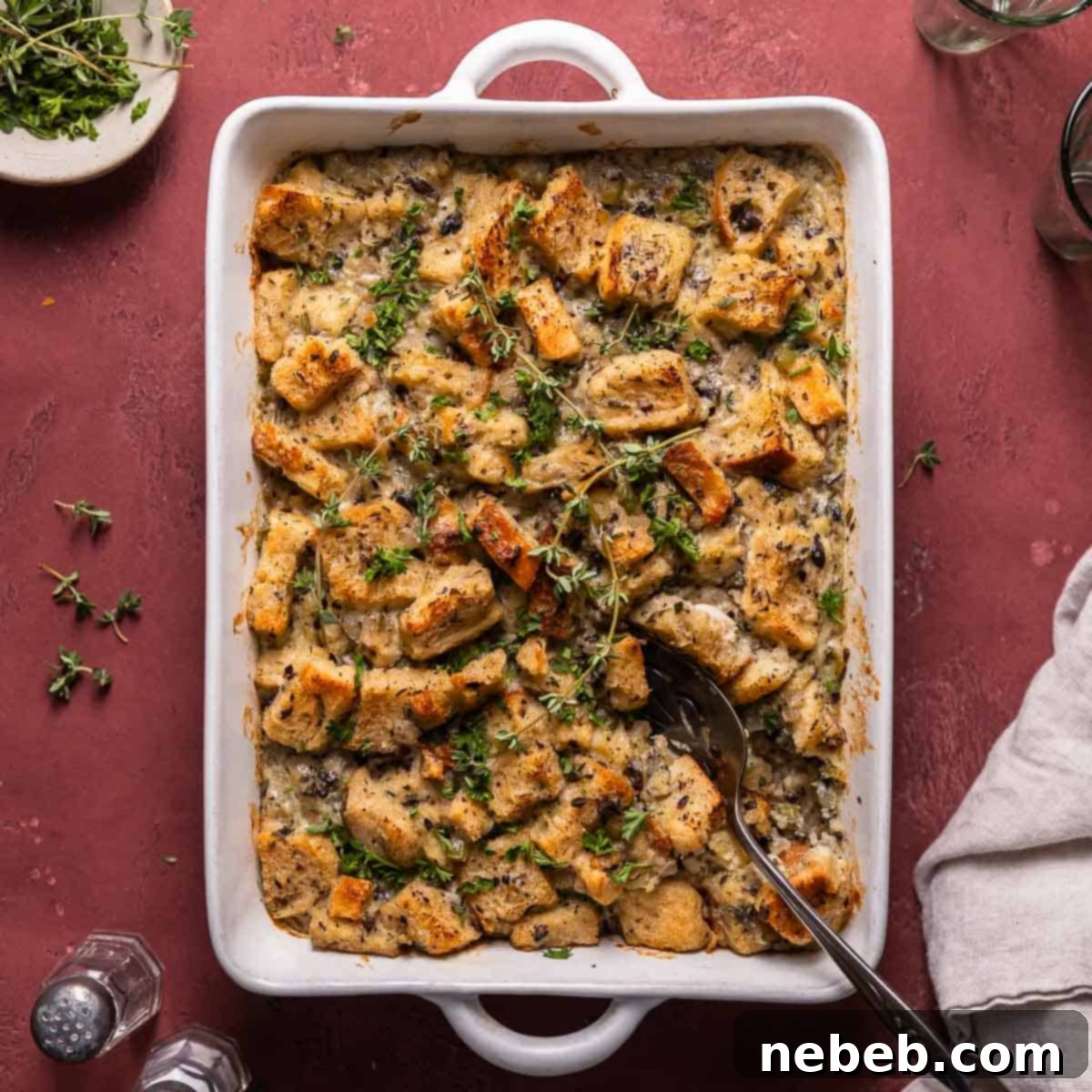 Savory bread pudding in a white baking pan with fresh thyme leaves on top.