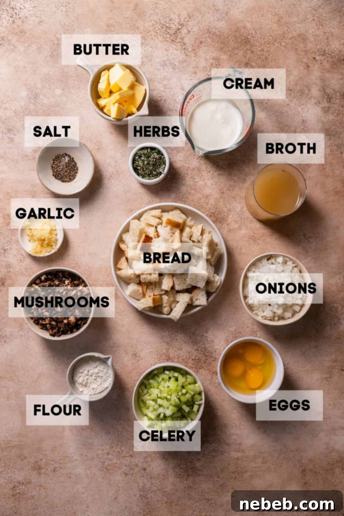 Ingredients needed to make bread pudding casserole in bowls with labels.