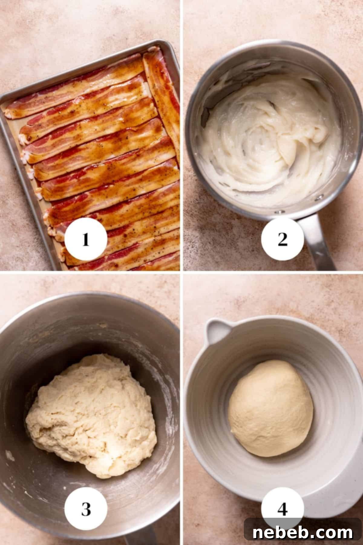 a process collage of the steps for making cinnamon roll dough.