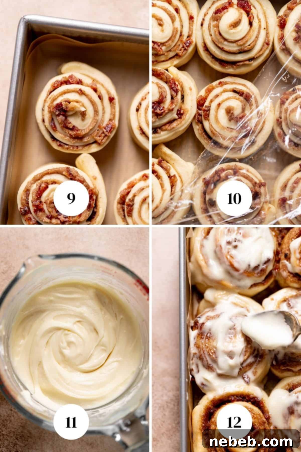 a process collage of the steps for baking the bacon cinnamon rolls.