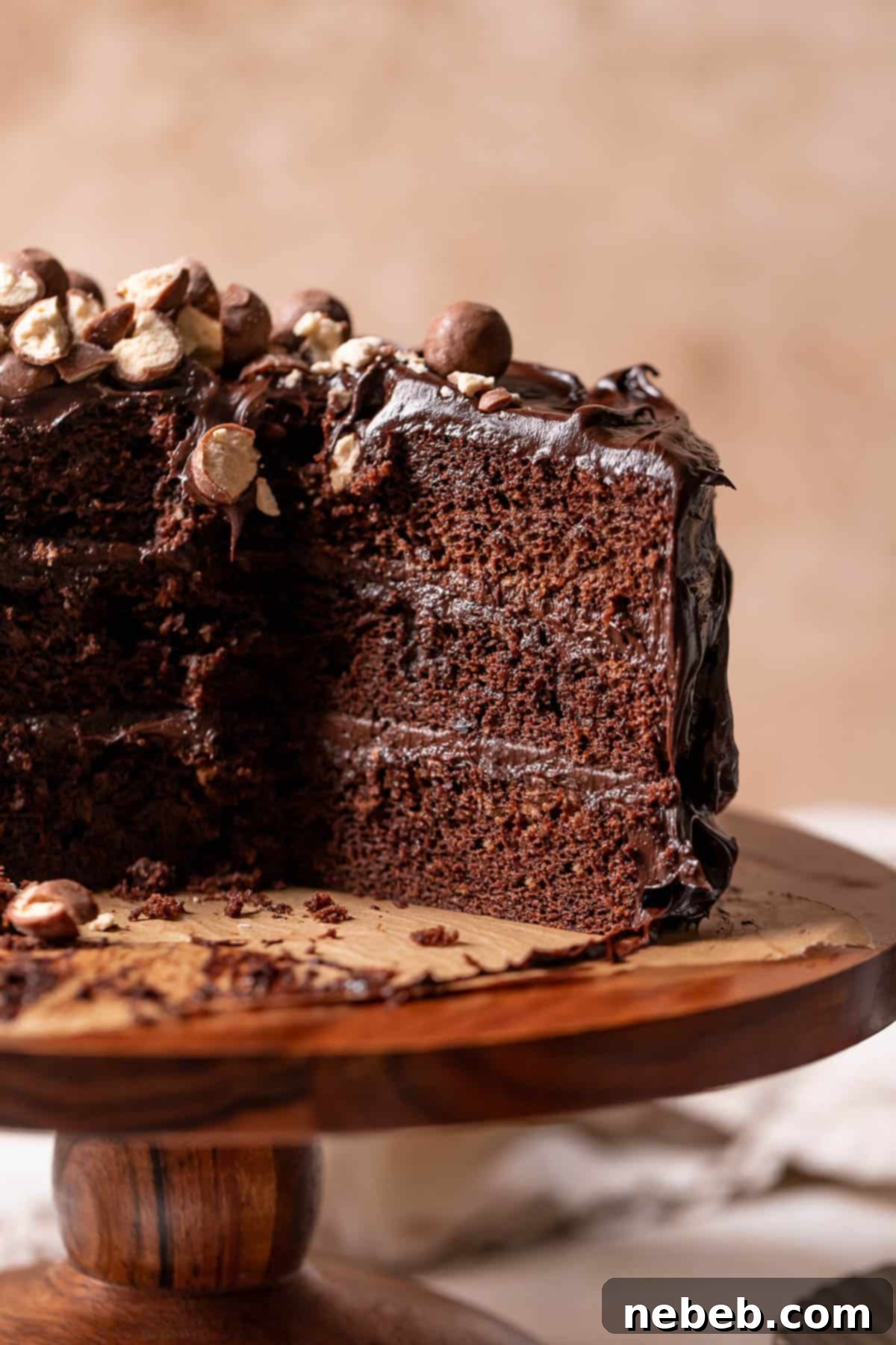 Ganache cake cut in half to show the fudgy and moist texture. A slice of rich, dark chocolate cake with smooth ganache frosting.