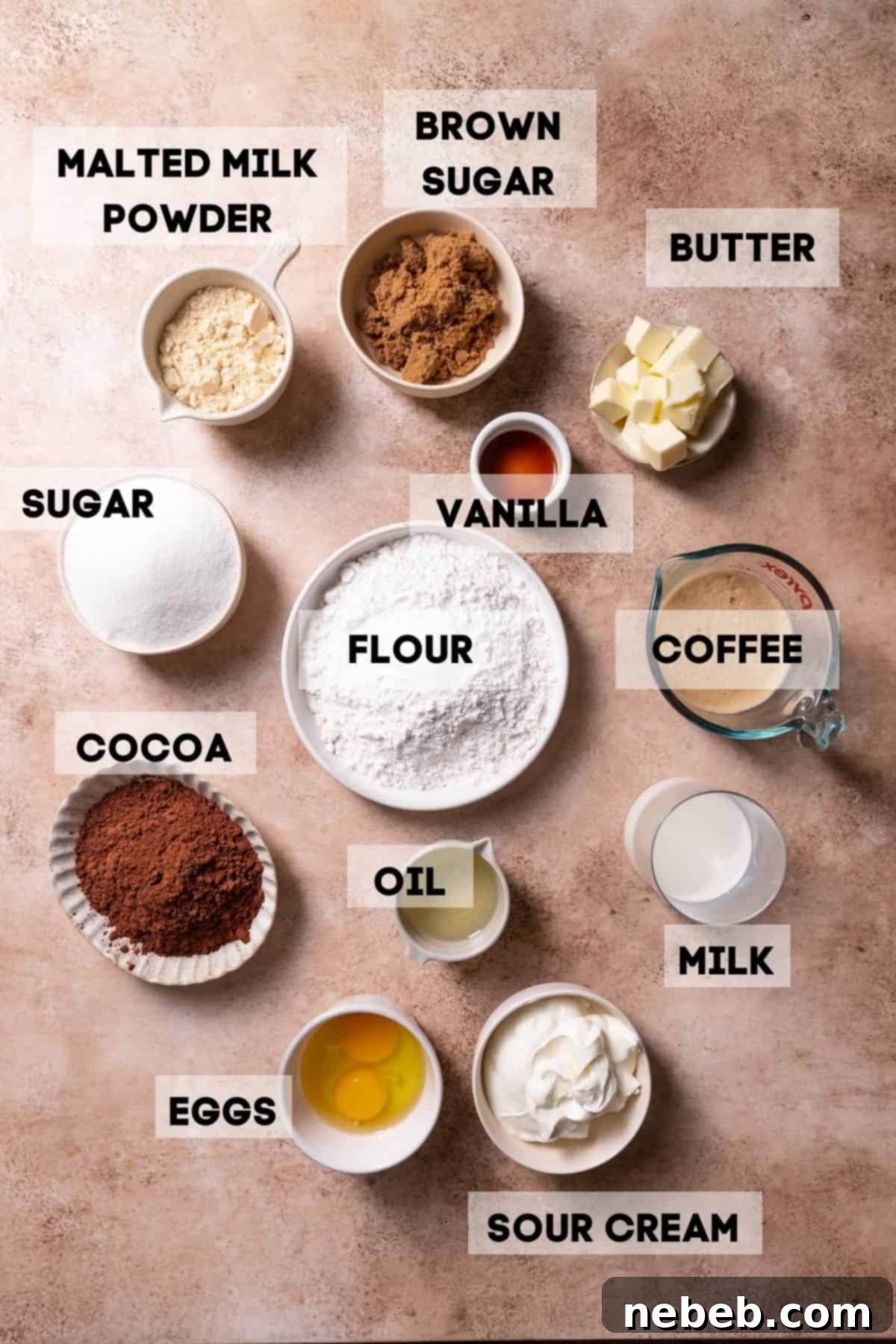 ingredients needed to make chocolate cake in bowls with labels, including flour, sugar, cocoa, butter, and liquids.