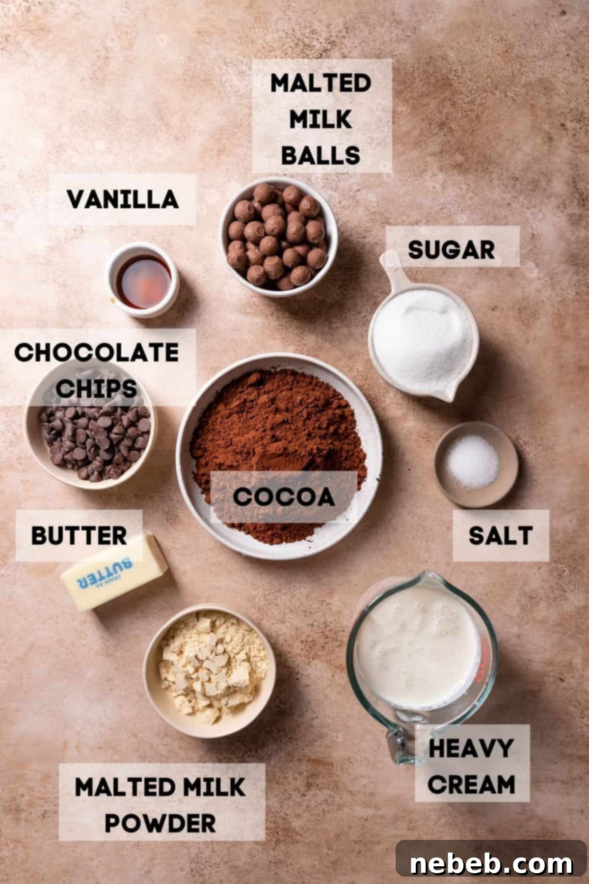 ingredients needed to make chocolate ganache frosting in bowls with labels, including chocolate chips, heavy cream, and malted milk powder.