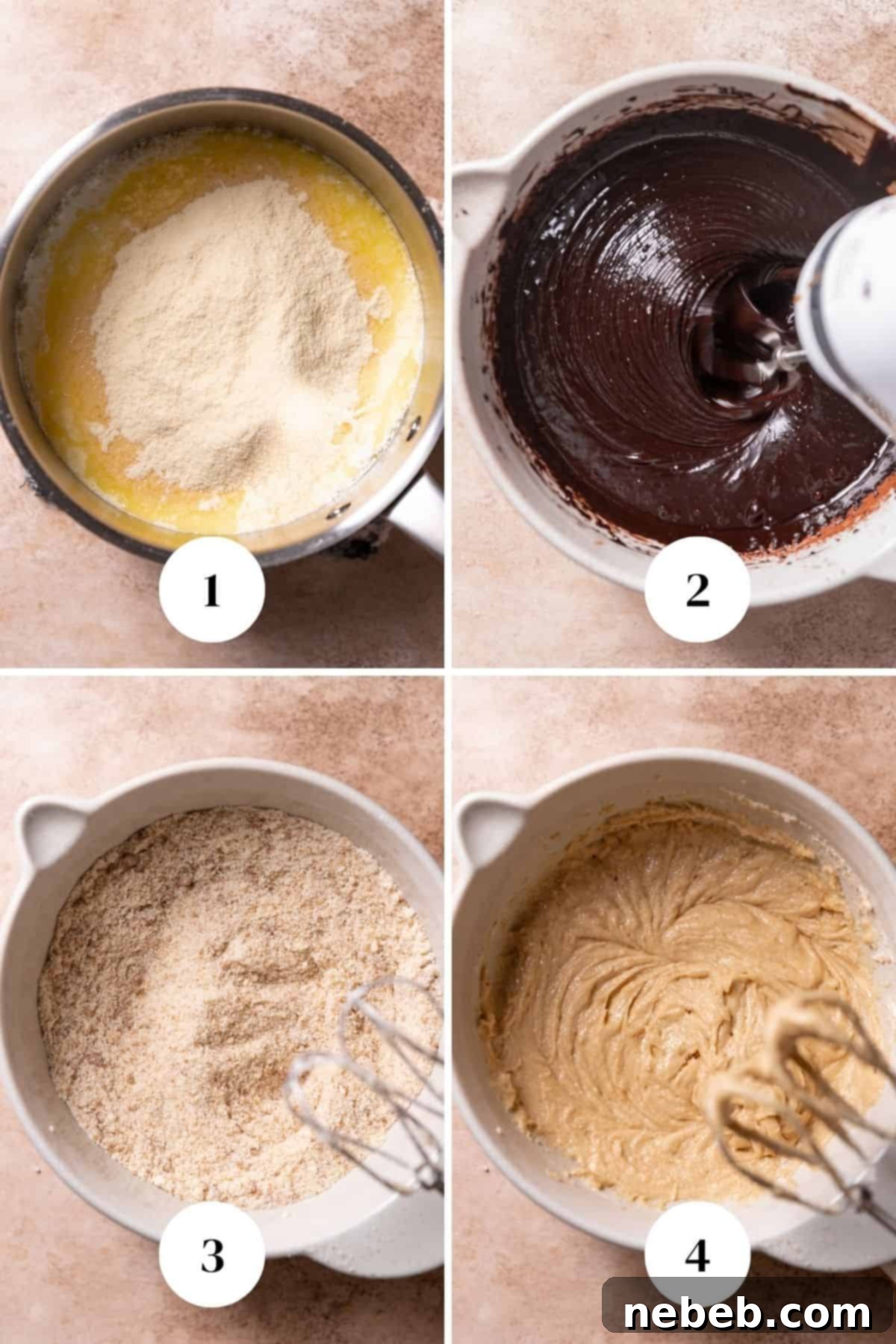 a process collage of the steps for making ganache cake, showing ganache preparation, dry ingredients, and wet ingredients mixing.