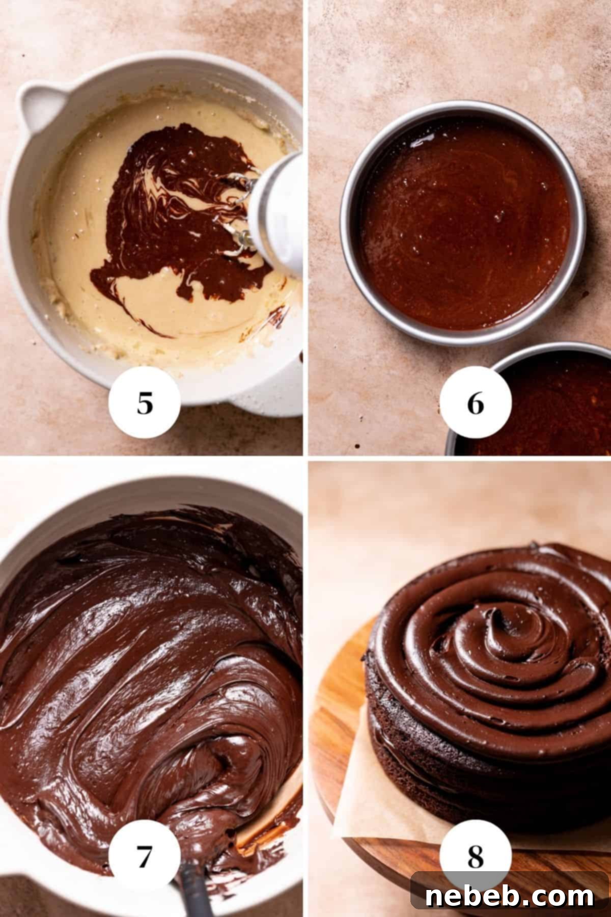 a process collage of the steps for how to make and decorate ganache cake, showing the batter in pans, cooled cakes, whipped ganache, and decorated cake.