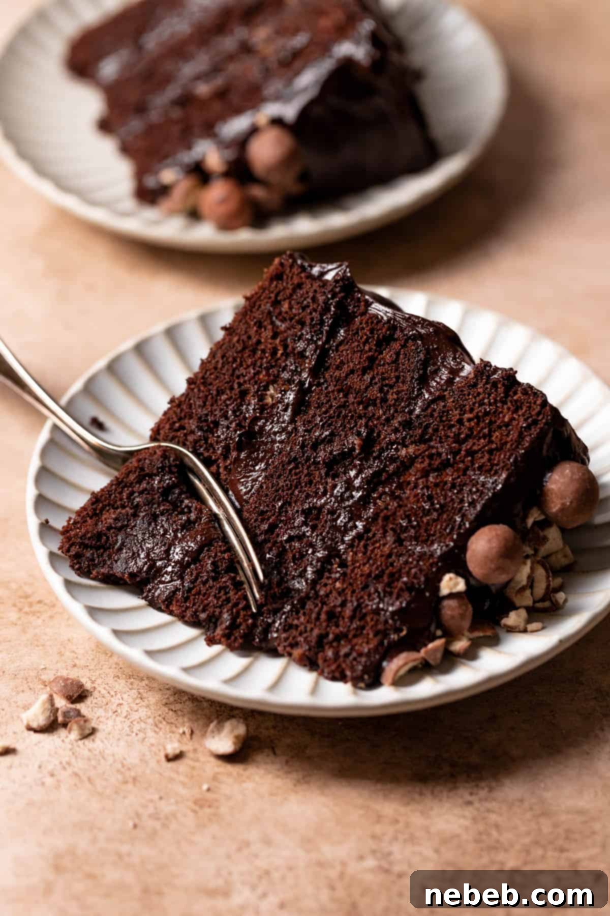 A beautifully presented slice of chocolate cake with a rich ganache frosting and delicate chocolate shavings on a white plate.