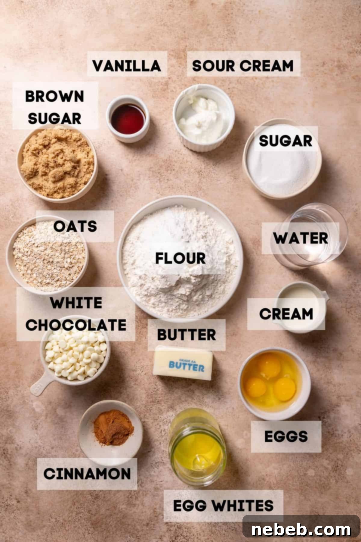 Oatmeal Cream Dream Cake 3 ingredients needed to make oatmeal cream pie cake in bowls with labels.