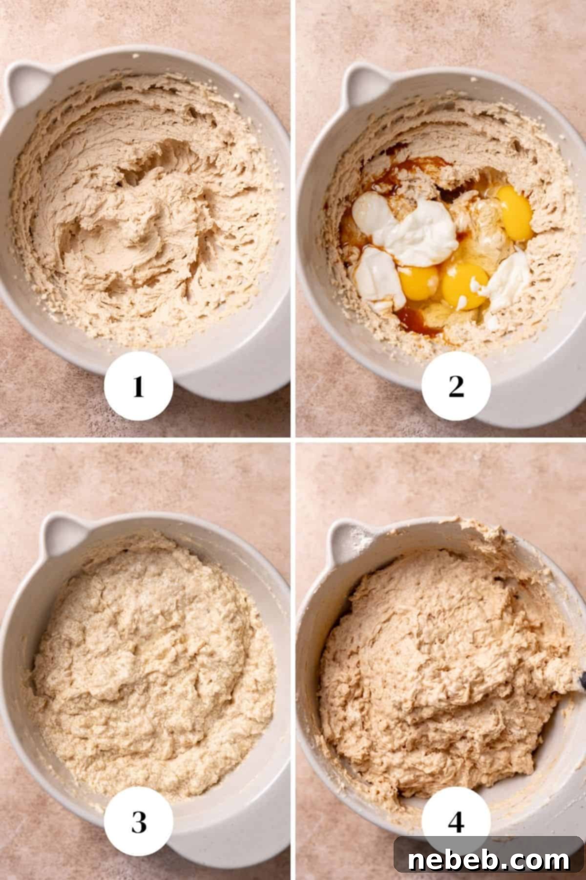 Oatmeal Cream Dream Cake 4 a process collage of the steps for making oatmeal cake.