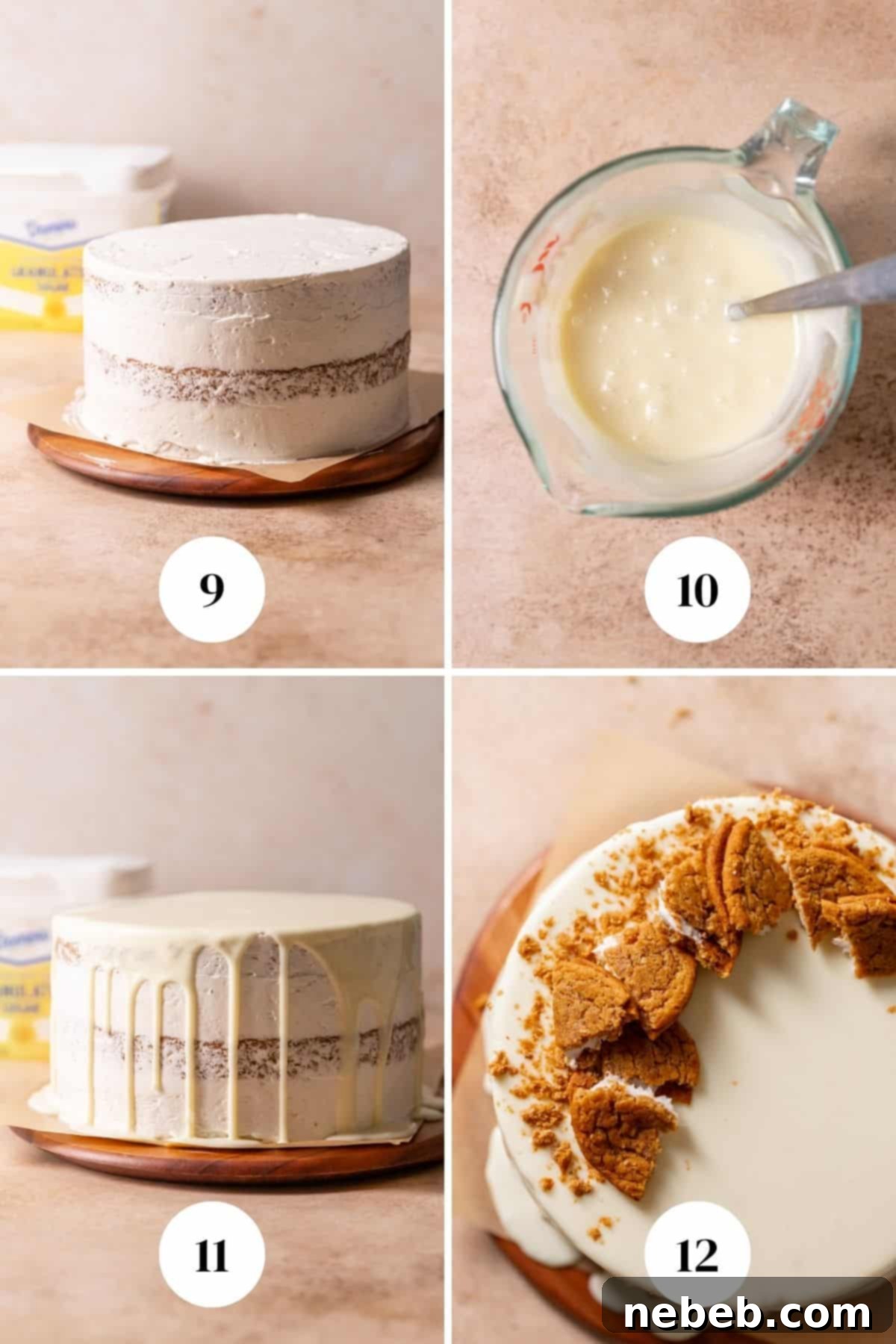 Oatmeal Cream Dream Cake 6 a process collage of the steps for frosting and decorating the oatmeal cake.