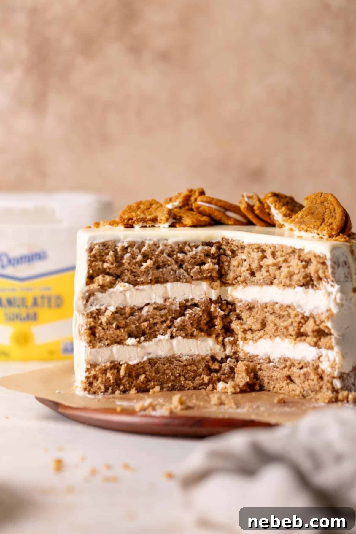 Oatmeal Cream Dream Cake 7 oatmeal cream pie cake cut in half to show the oatmeal layers and vanilla filling.