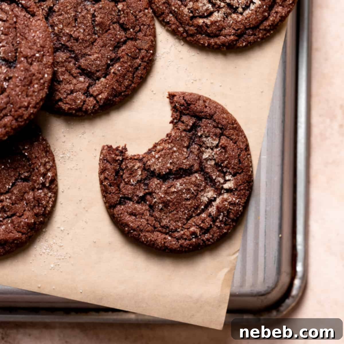 A delectable chocolate snickerdoodle with a bite taken out of it, showcasing its perfect texture, presented on a tray.