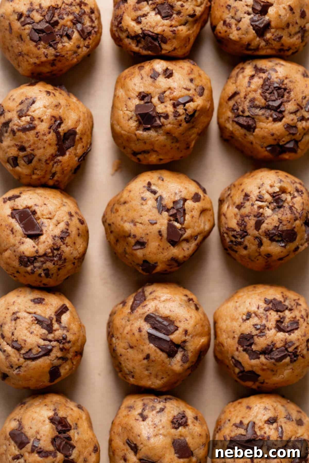 Perfectly scooped pumpkin chocolate chip cookie dough balls, evenly spaced on a parchment-lined baking tray, ready for the oven.