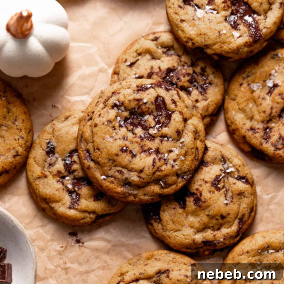 Chocolate chip pumpkin cookies on parchment paper.