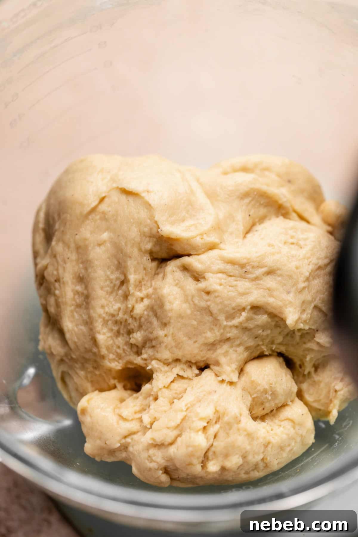 Smooth kneaded cinnamon roll dough in a mixer bowl.