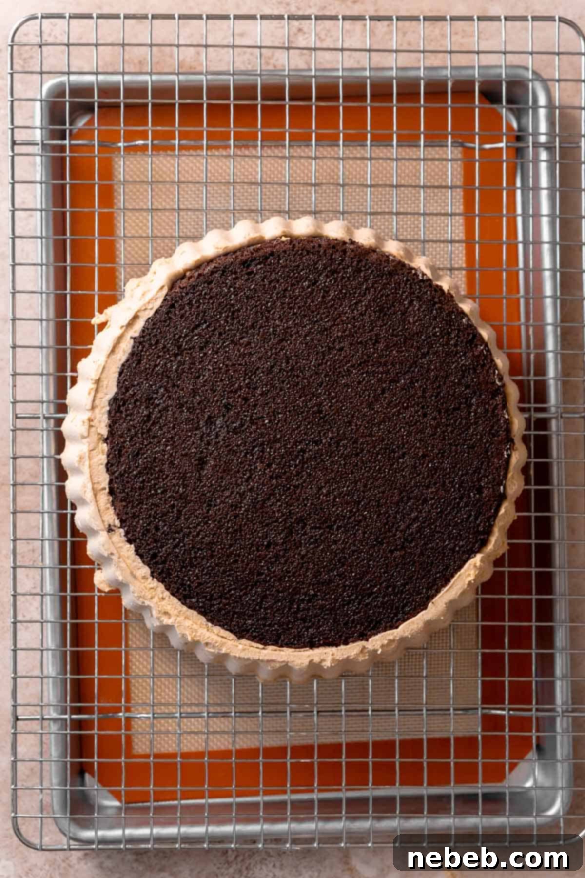 The Reese's cake, now inverted on a wire rack, with the pan sides already removed, ready for the ganache.