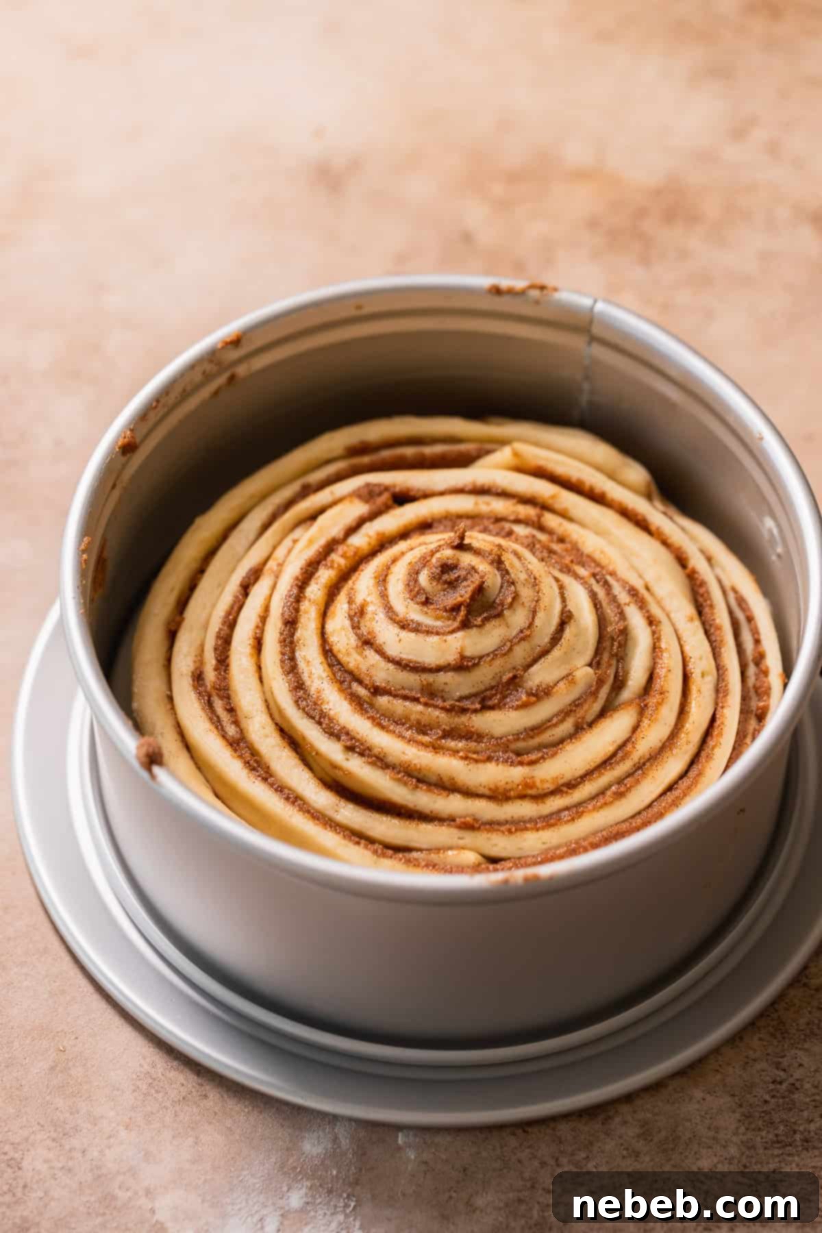 The giant cinnamon bun in a cake pan.