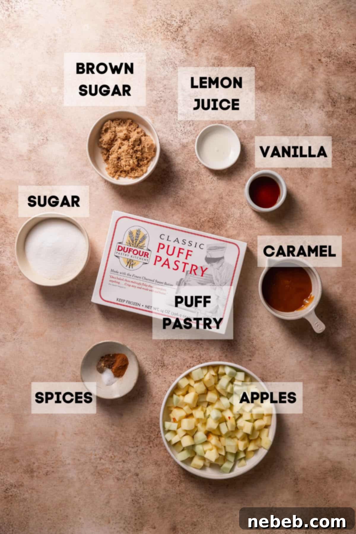 Ingredients needed to make apple pie cookies in bowls with labels.