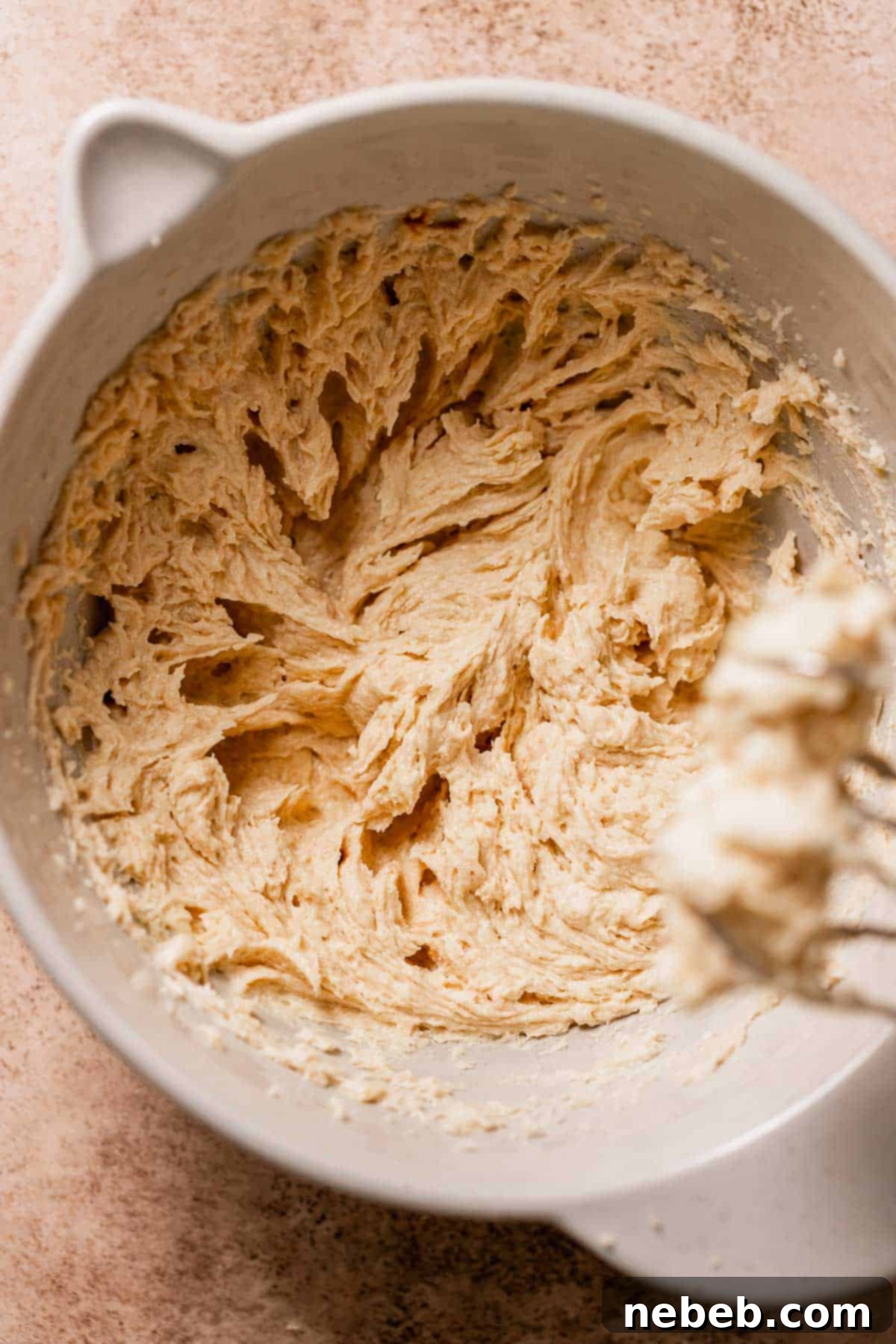 A mixing bowl with the creamed butter and sugars with egg mixed in.