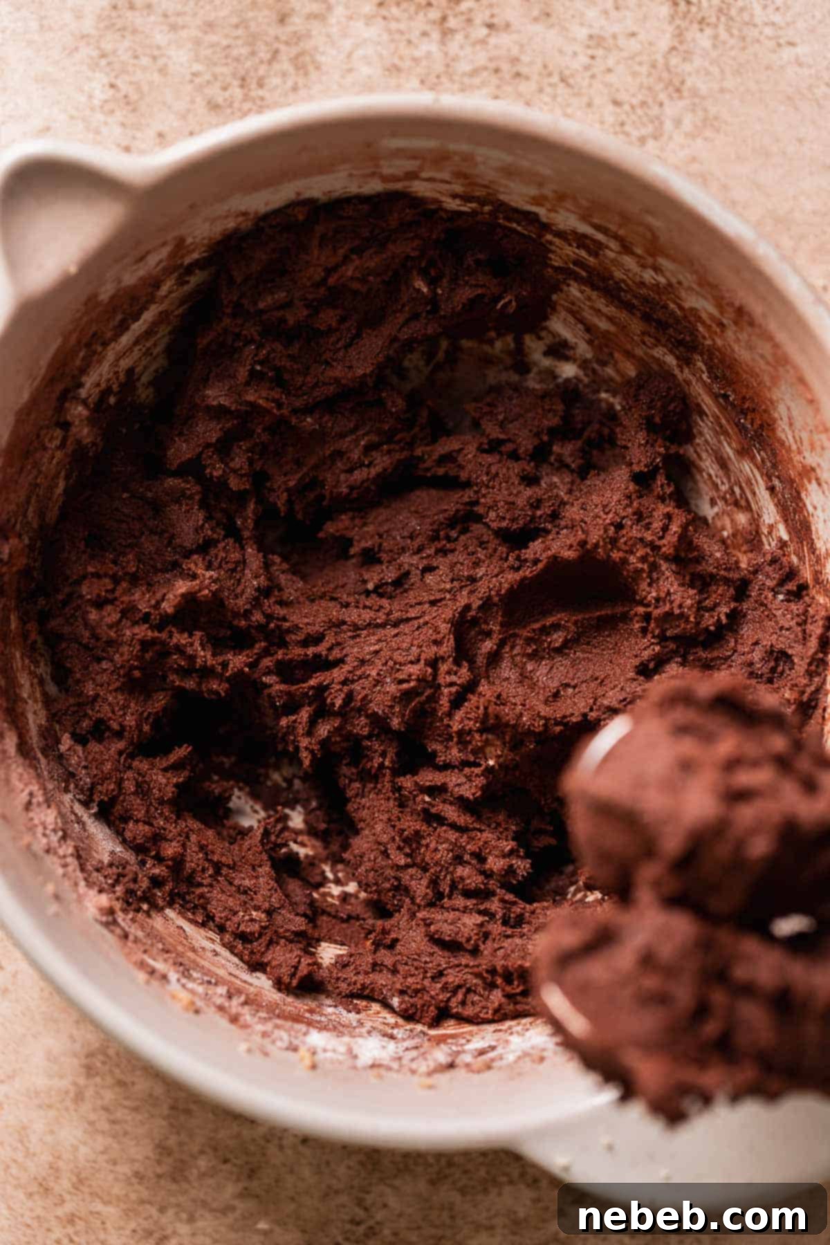 A mixing bowl full of dark chocolate cookie dough.