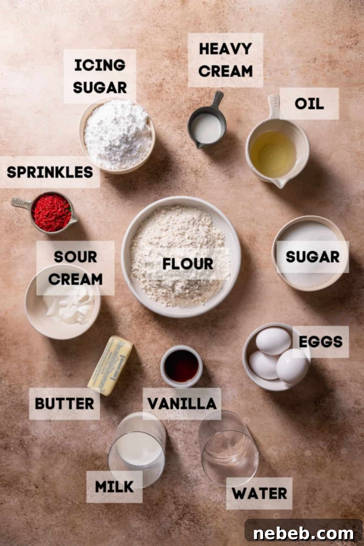 Various ingredients for frosted sugar cookie cake laid out in bowls, including sprinkles, butter, sugar, and flour, clearly labeled.