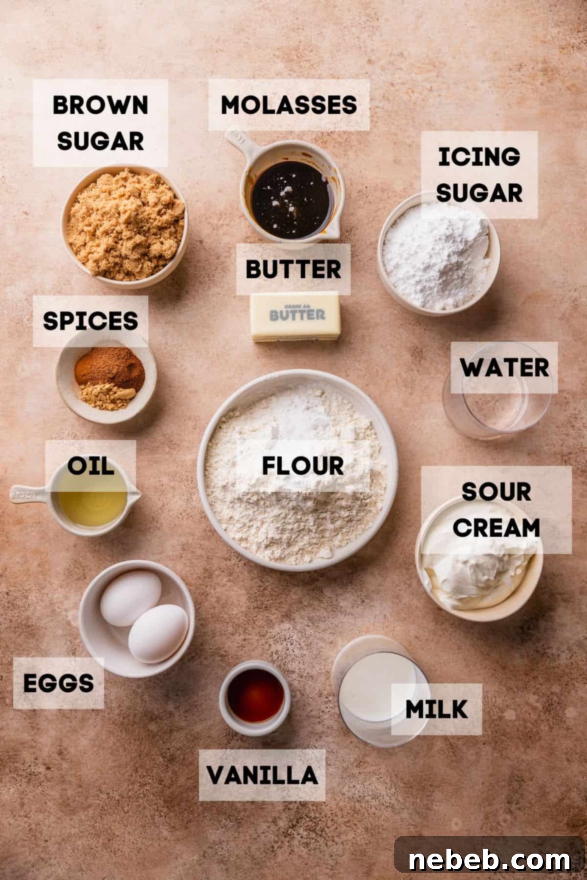 Ingredients needed to make ginger molasses cake in bowls with labels.