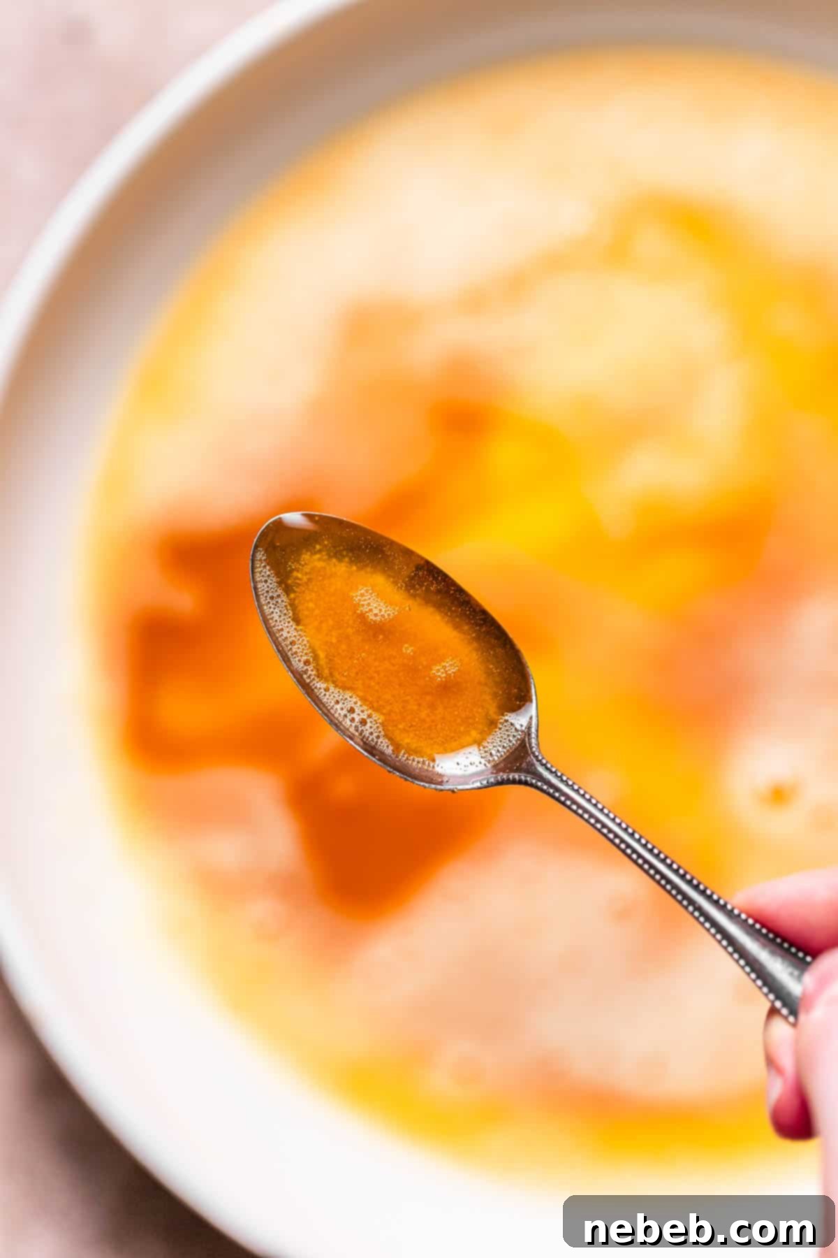 A spoon holding liquid brown butter over a pan, showcasing its rich golden hue and inviting texture.