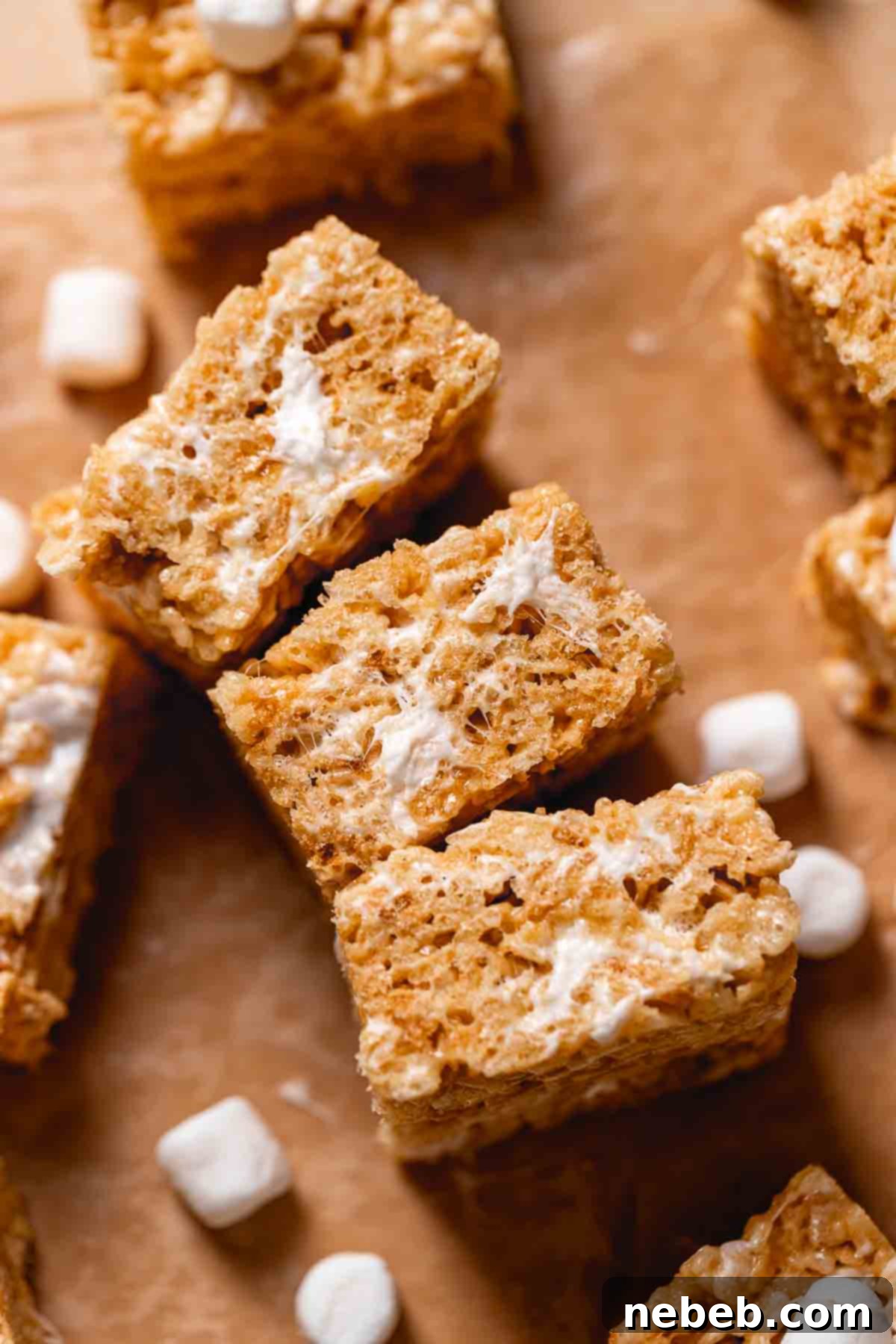 Three rice krispie squares on their sides on parchment paper to show the gooey marshmallow texture.