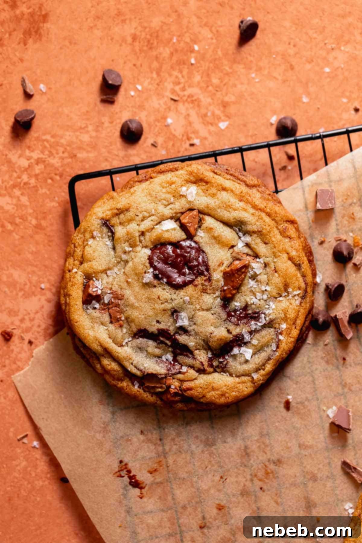A soft chocolate chip cookie on a black rack sprinkled with sea salt.