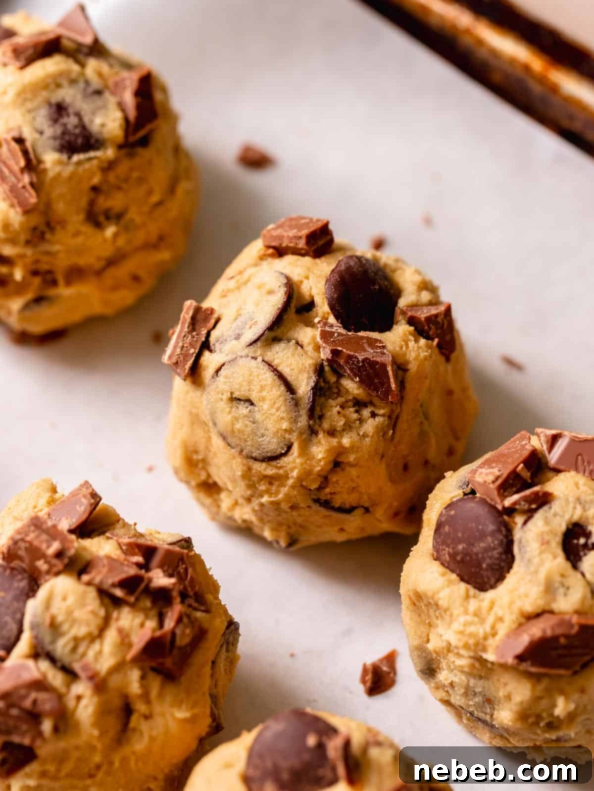 Balls of chocolate chip cookie dough scooped onto a baking sheet.
