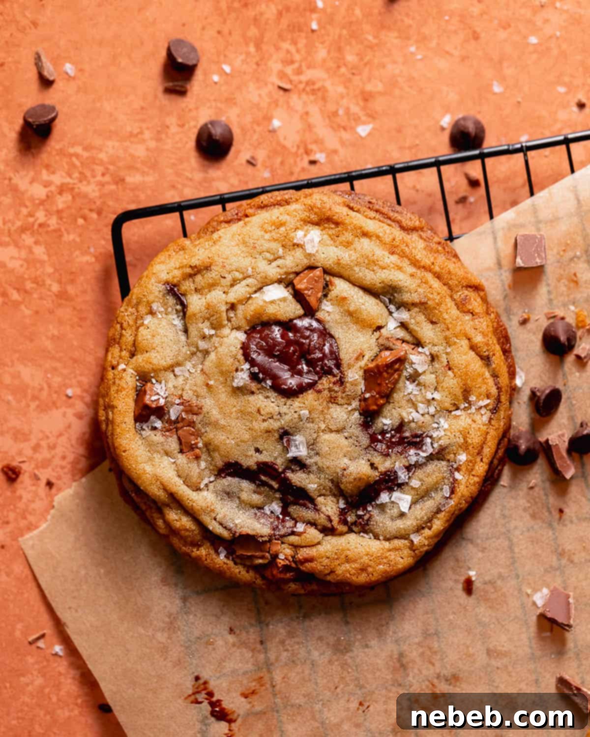 Chocolate chip cookie sprinkled with flaky sea salt on a wire rack.