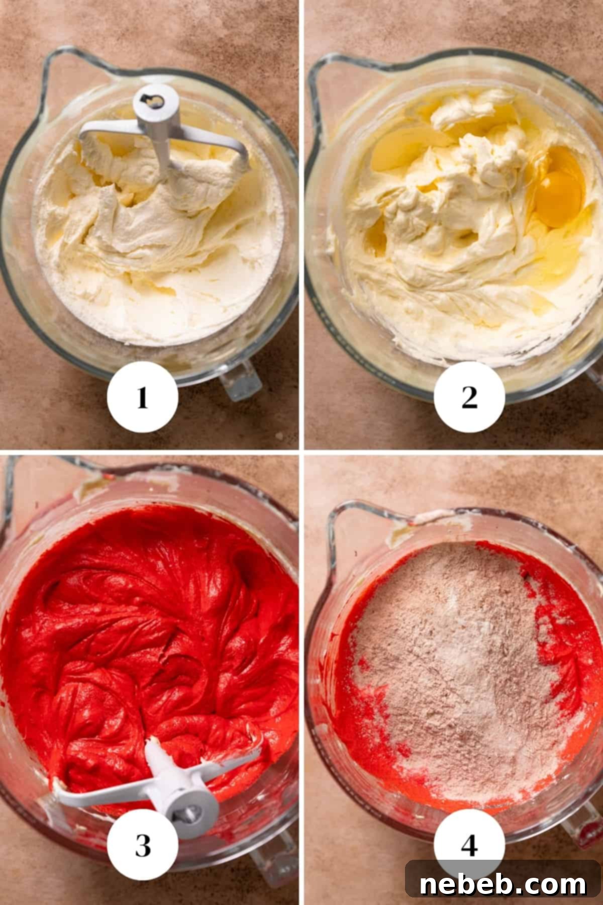 A process collage showing the initial stages of preparing red velvet cake batter: creamed butter and sugar, followed by eggs, and finally the wet ingredients including red food coloring.