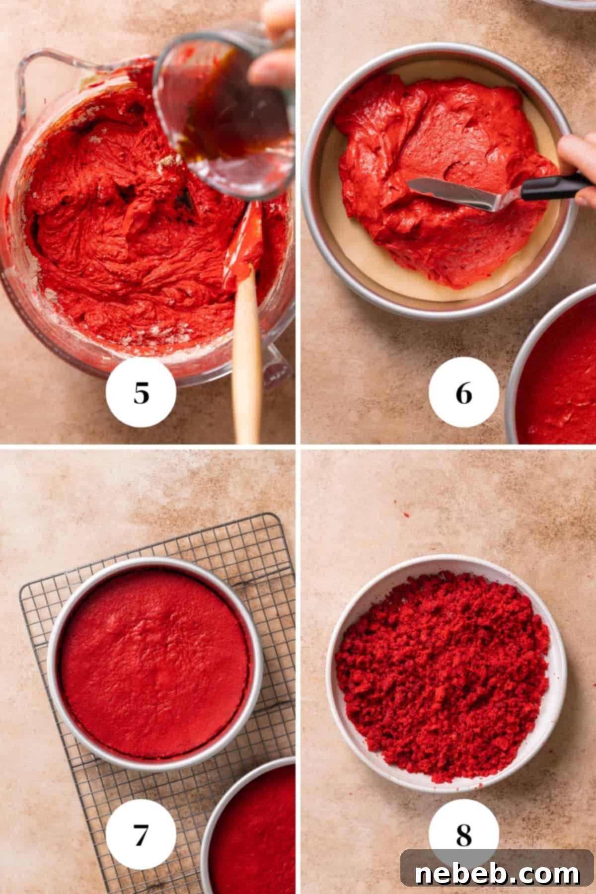 A process collage showing crucial steps for baking red velvet cake: incorporating hot coffee, evenly distributing batter into pans, and the baked layers cooling on a wire rack.
