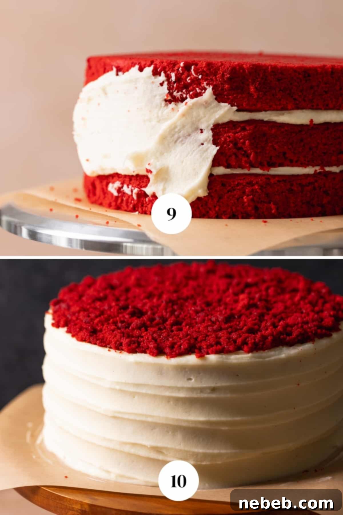 A process collage detailing the decoration of a red velvet cake: layering with cream cheese frosting, applying a crumb coat, and adding final decorative touches with crumbs.