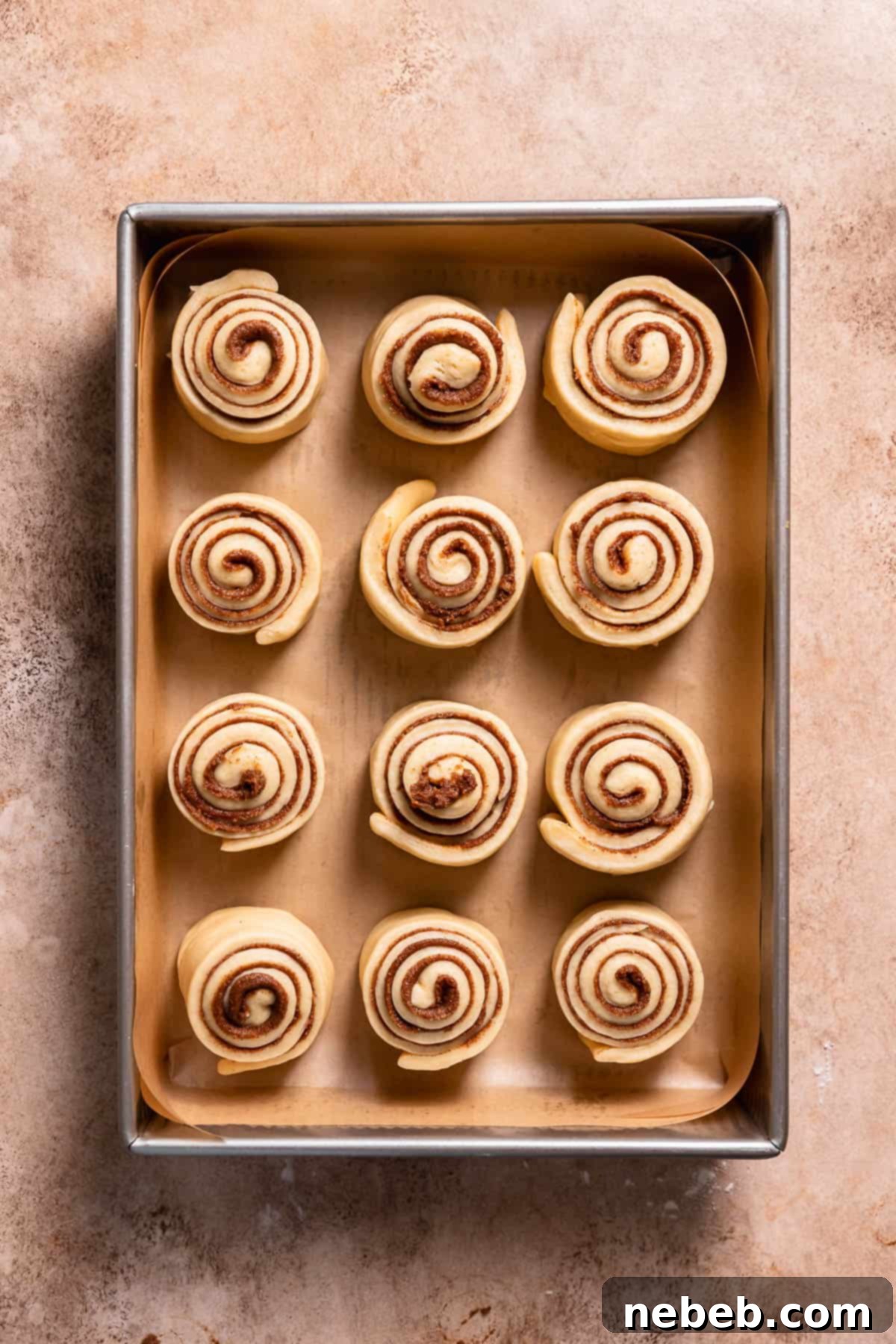 Cinnamon rolls arranged in a baking pan before their second rise.
