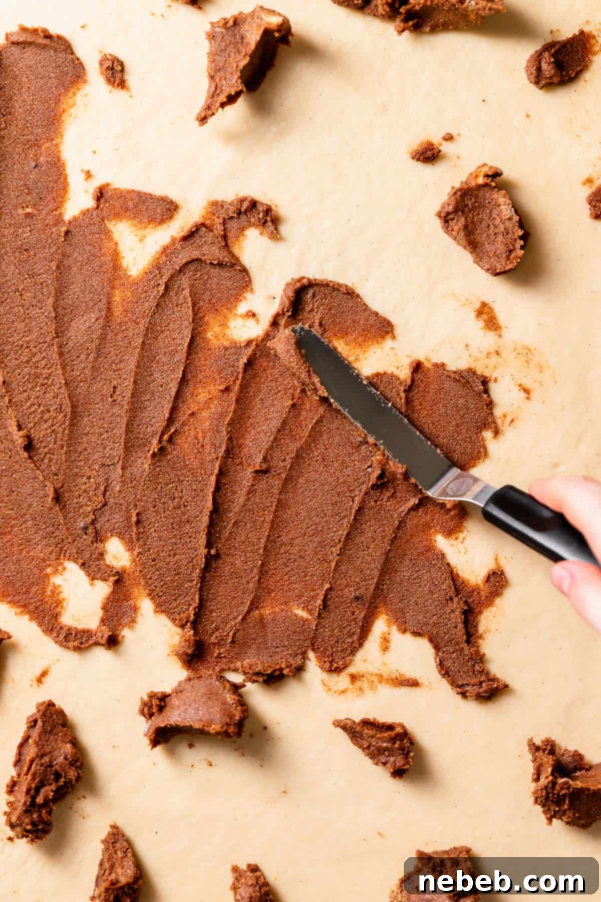 A spatula spreading the brown sugar cinnamon filling evenly across the yeasted dough.