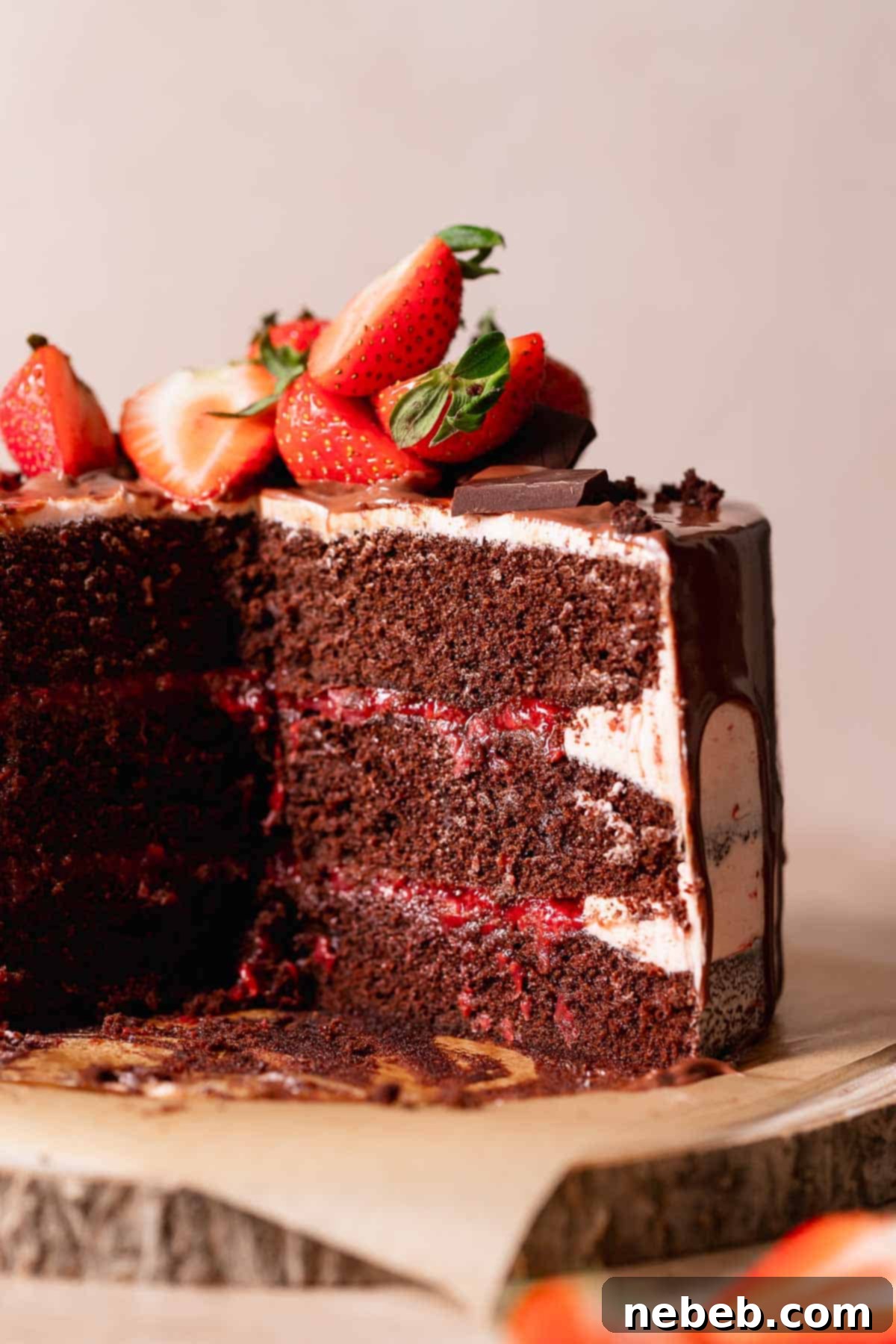 Chocolate cake with strawberry filling cut in half to show the layers.