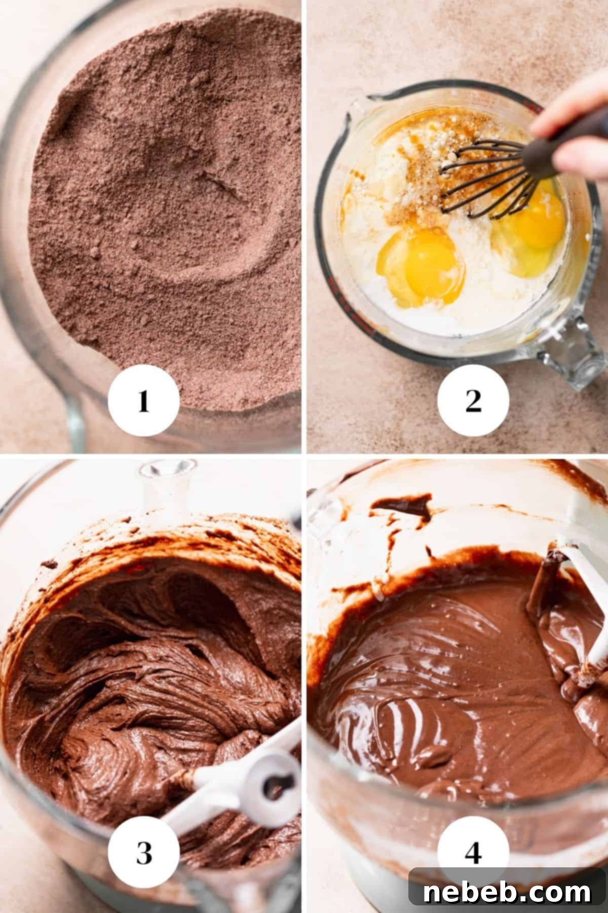 A process collage of the steps for making the chocolate cake batter.