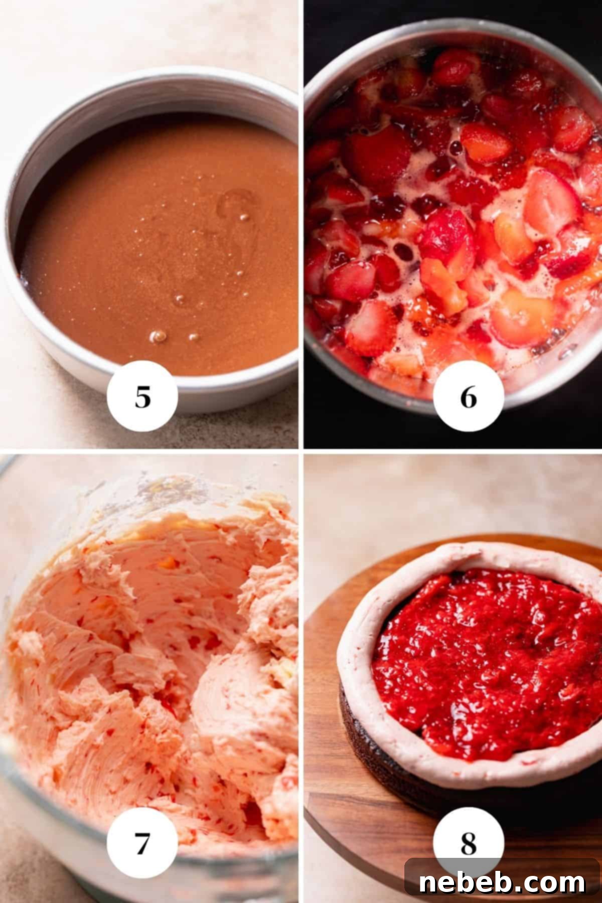 A process collage of the steps for making the strawberry filling, strawberry frosting, and filling the cake.