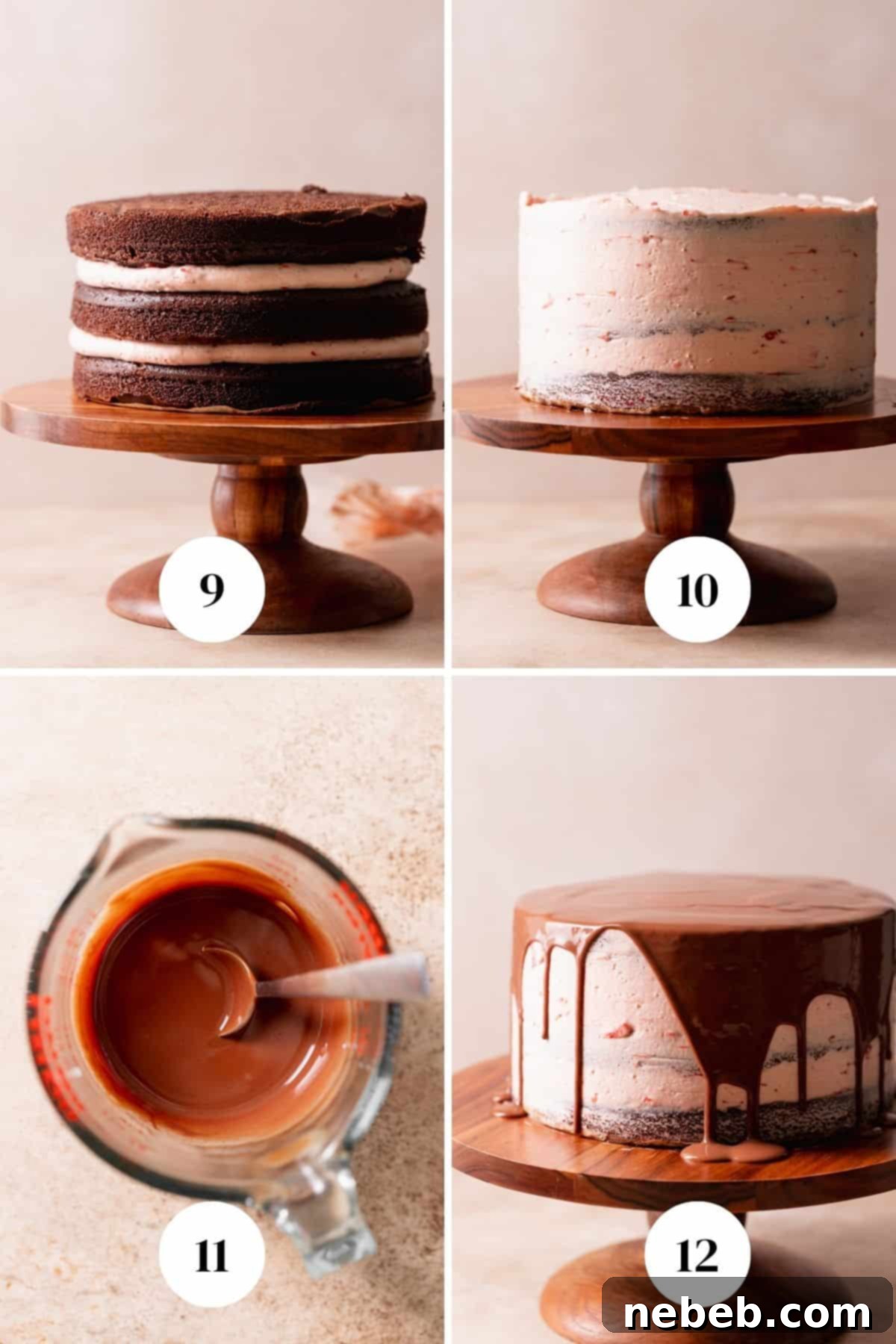 A process collage of the steps for decorating the chocolate cake with ganache and strawberries.