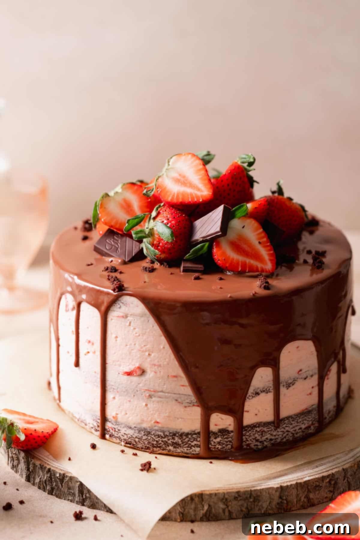 Chocolate strawberry cake with fresh strawberries and ganache on a wooden cake board.