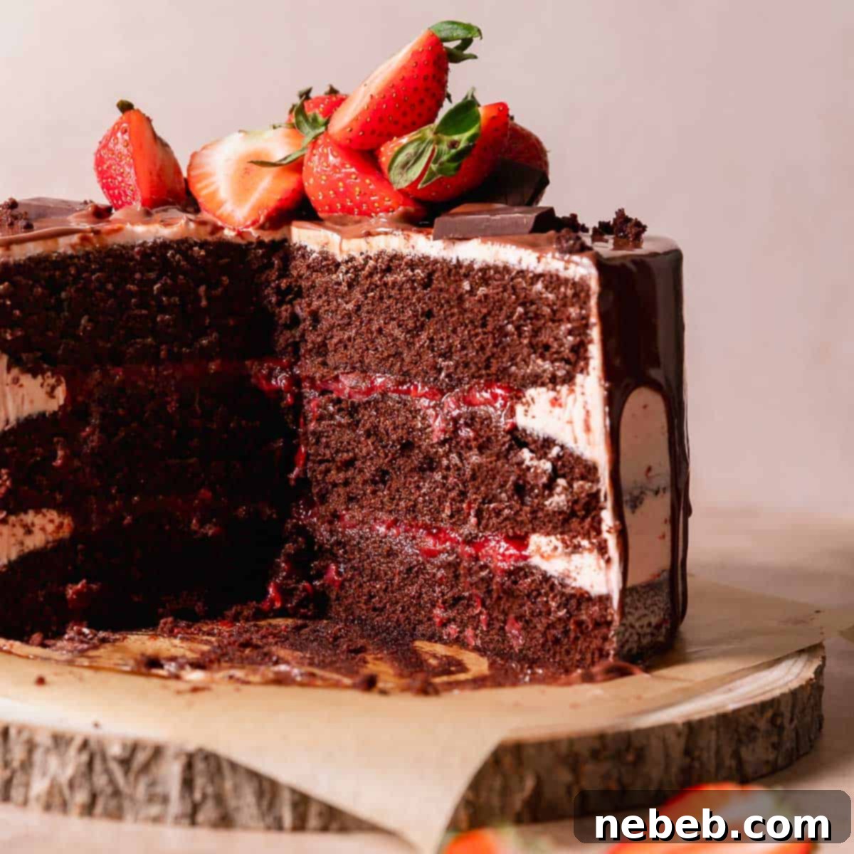 Chocolate cake with strawberry filling on a wooden cake stand.