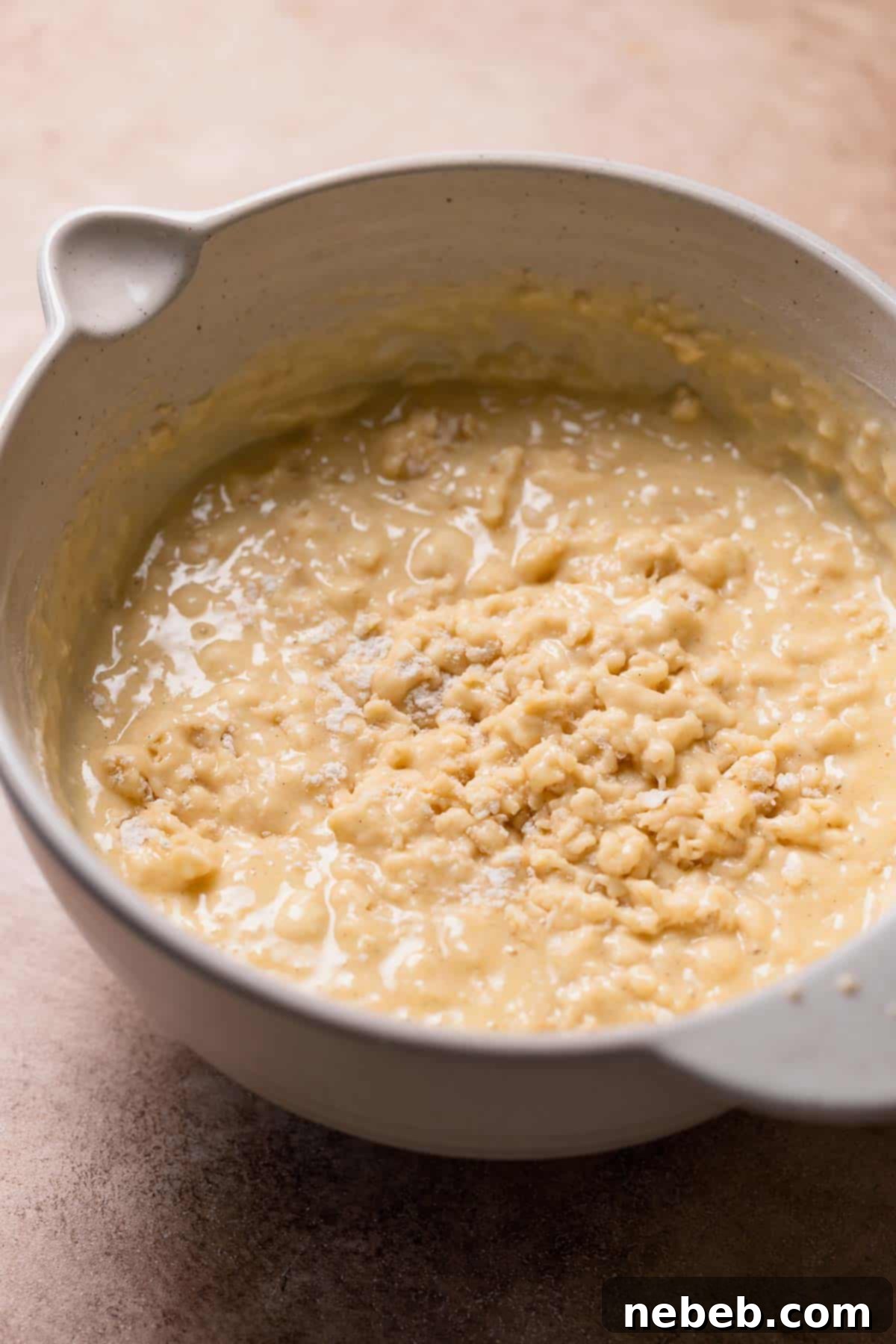 A mixing bowl with the muffin batter, perfectly combined before adding the blueberries.